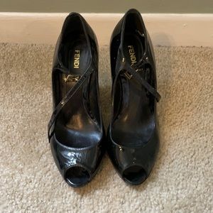 Fendi Mary Jane wedges, size 36.5, black patent